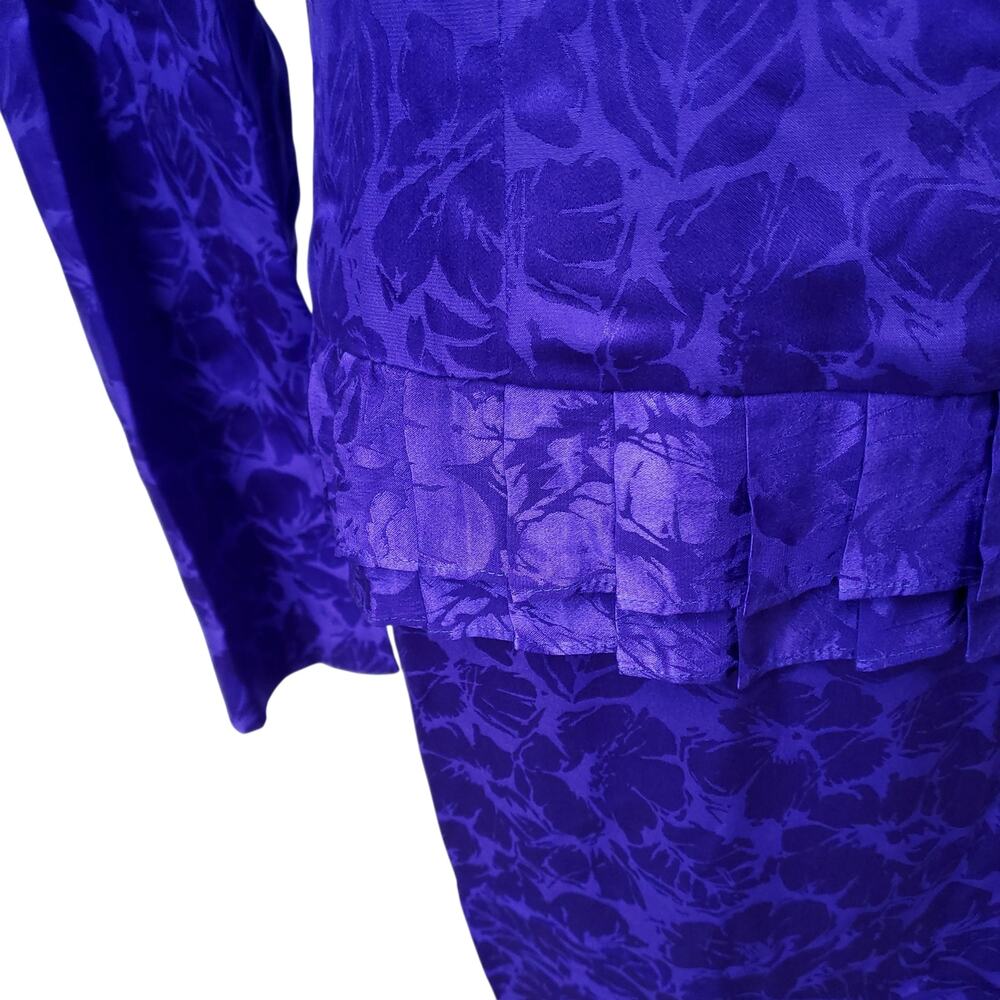 Vintage Flora Kung II New York Blue Floral Silk Dress Long Sleeve Back Zip Sz 8 - Picture 4 of 16